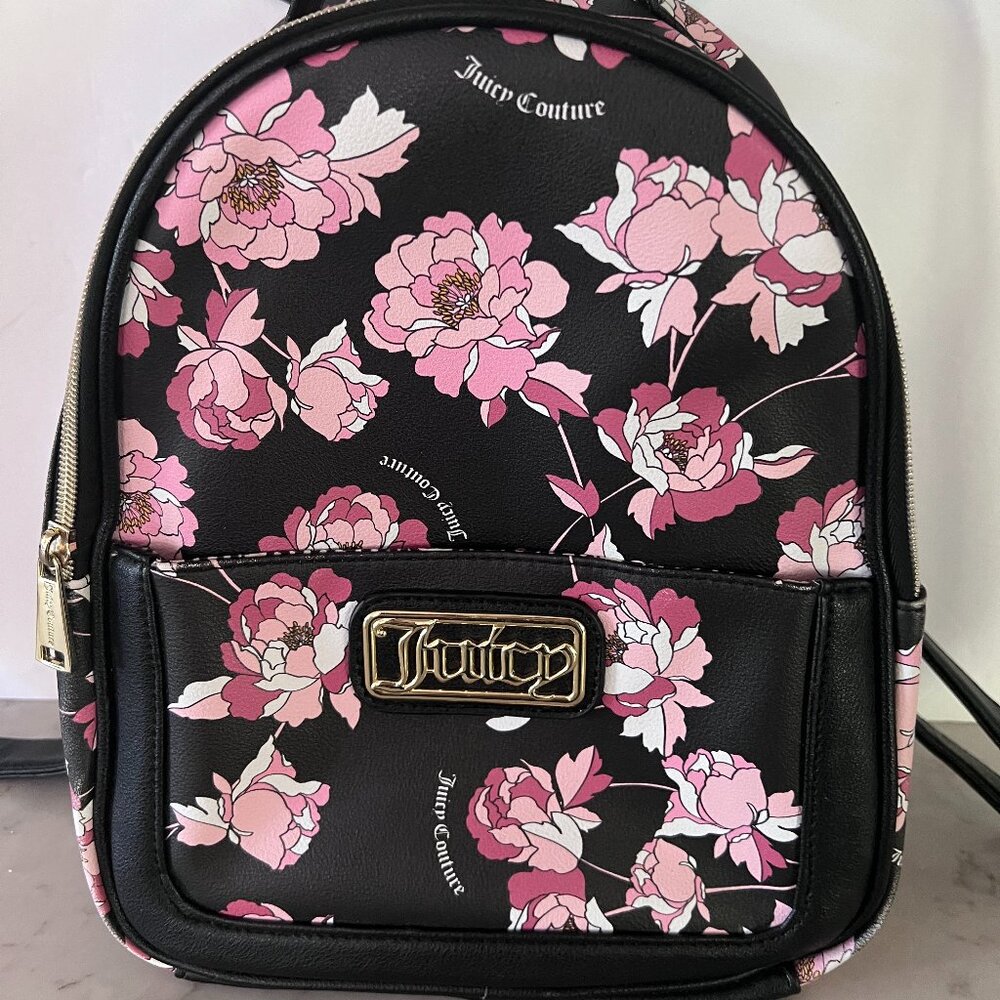Juicy Couture Floral Mini Backpack Black Pink‎ Peony Gold Logo Faux Leather Bag
